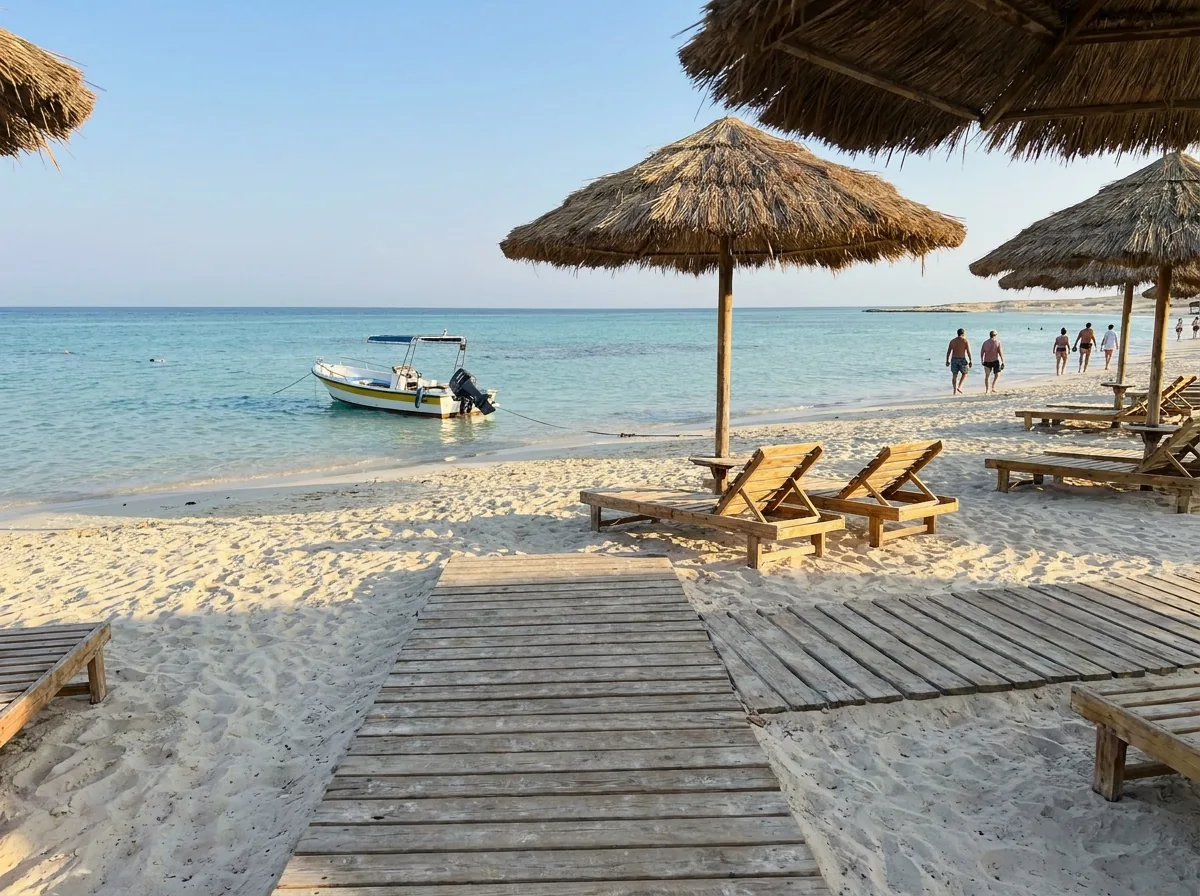 Słomiane parasole i łódź przy plaży na wyspie