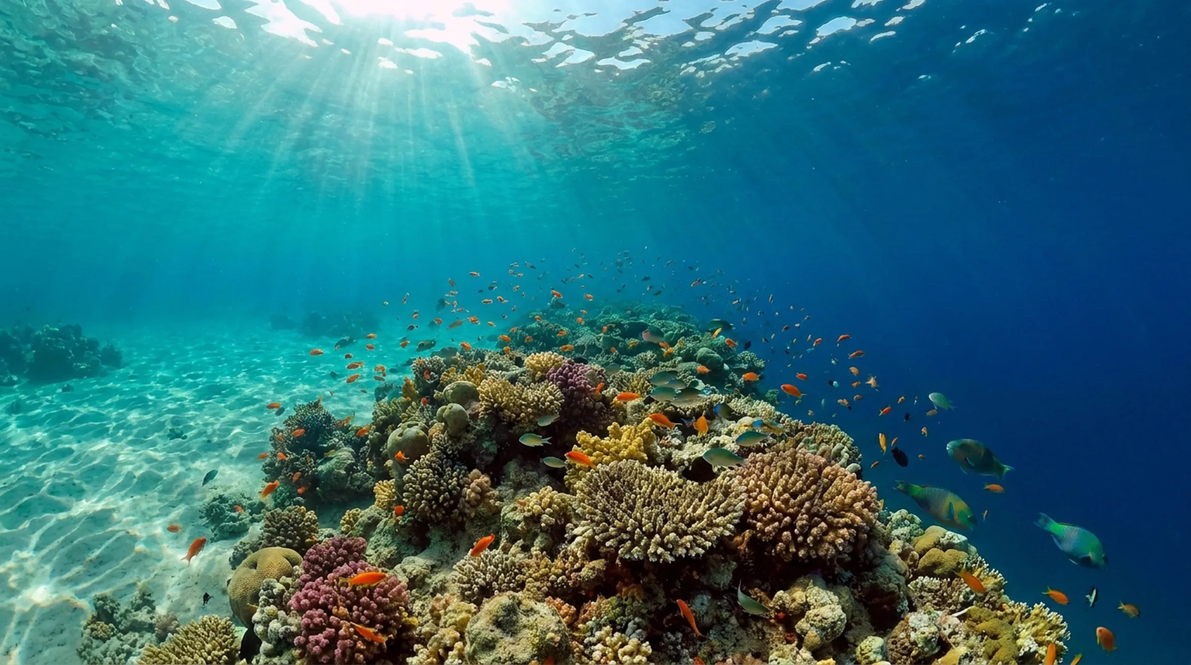 Rafa koralowa z czerwonymi koralowcami pod wodą snorkelingu